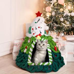 SilTriangle Cat Christmas Bed Christmas Tree House Assembled Felt Cat Cave Tent Removable Comfortable Triangle Pet Teepee Xmas Dog Cave in Winter Decor Outfit