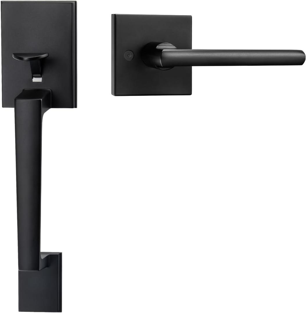 goldenwarm Black Front Door Handle, Entry Door Handle and Reversible Handle Lever, Single Cylinder Front Door Lock Only, Matte Black Entry Way Handleset (Square no Deadbolt)