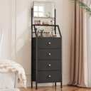 HIGDBFE Dresser with Mirror, 4 Drawers Dresser with 2Tier Shelves, Freestanding Fabric Chest of Drawers for Small Space, Tall Narrow Nightstand Vanity for Bedroom, Hallway, Dorm, Black, 15.3" W