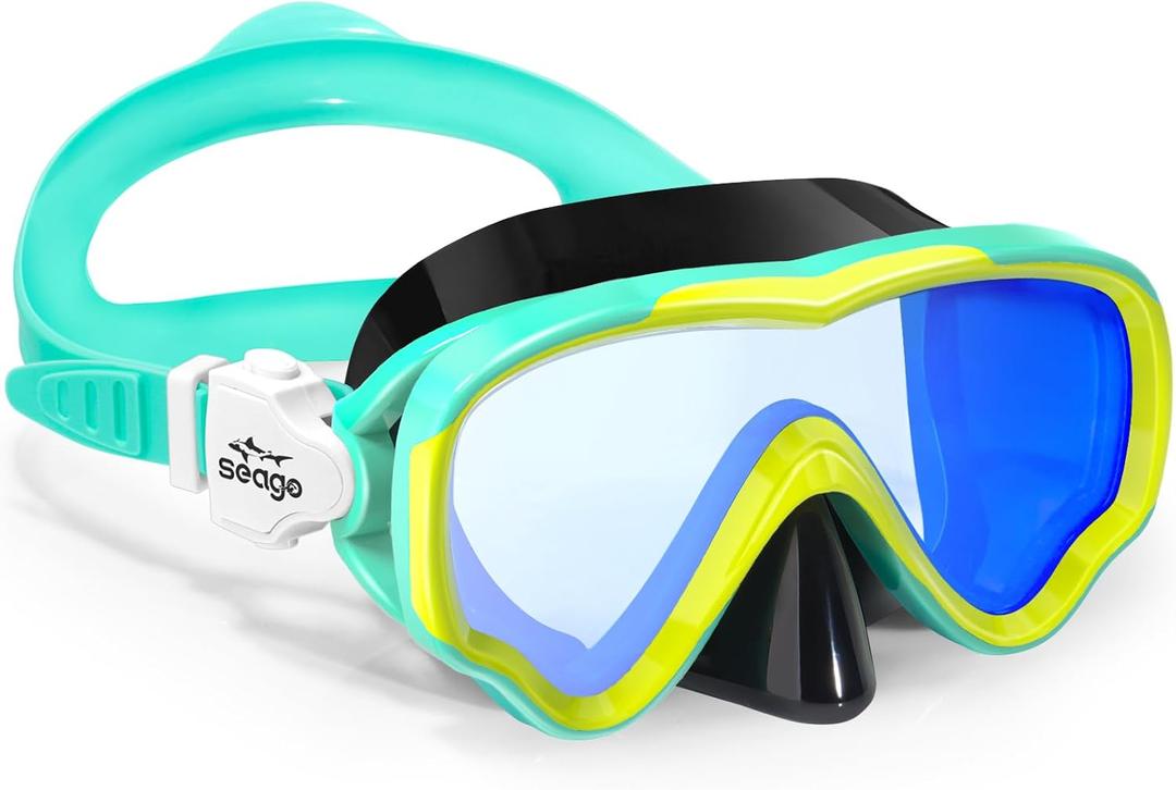 Seago Kids Swim Goggles Snorkel Diving Mask for Youth(5-15), Anti-Fog 180 Clear View (Mirrored Blue)