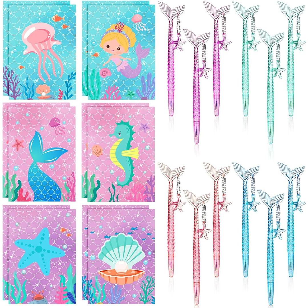 Teling 24 Pcs Mermaid Pen and Notepad 5 Inches 12 Cute Notepads 12 Black Ink Pen for Birthday Decorations, Party Favors, Kids Girls School Supplies