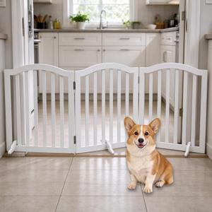 Foldable Freestanding Wooden Dog Gate, 3-Panel 23.6" White Pet Barrier