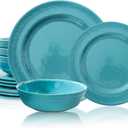 TP 12-Piece Dinnerware Set, Melamine Dishes Set with Bowls and Plates, Non-breakable and Lightweight Dinner Service for 4, Teal