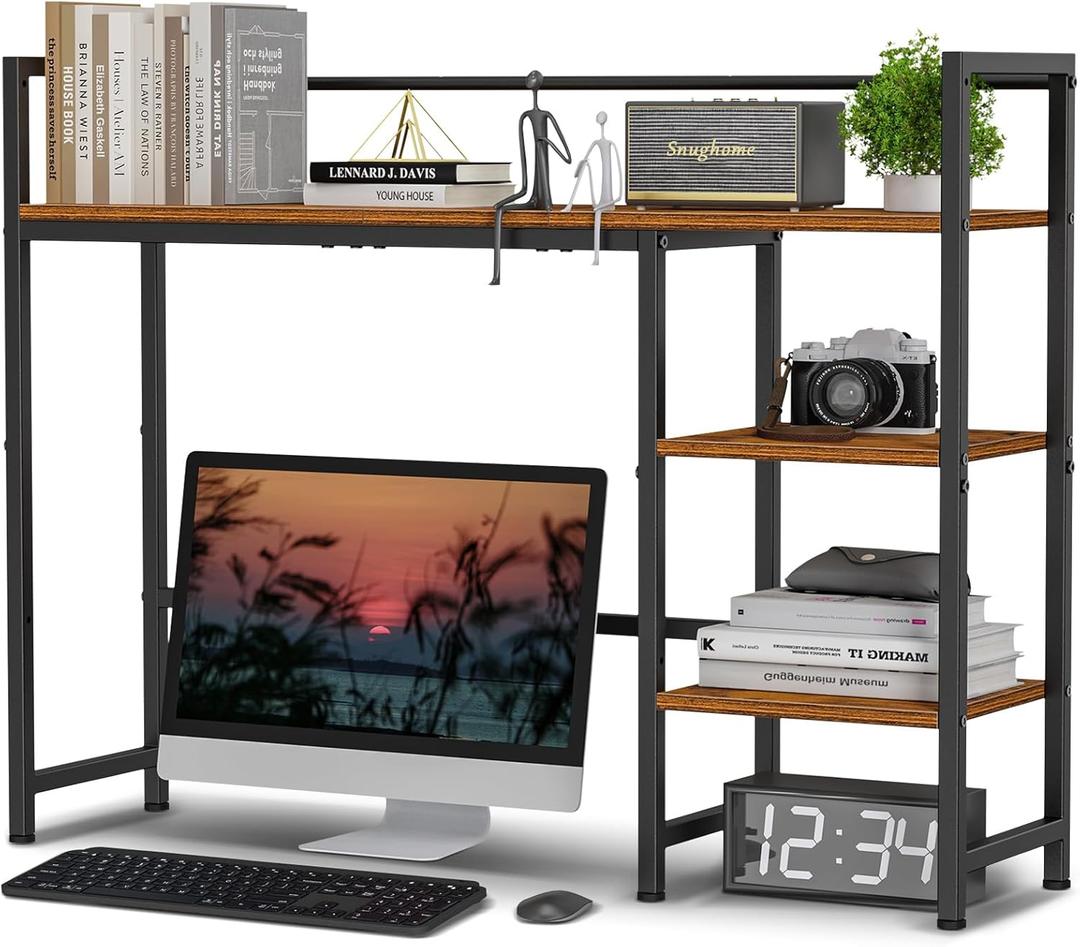 Snughome Desk Shelf, 38.6" Desktop Organizer Shelf, Desk Hutch for Computer Monitor, 4 Tier Desk Display Rack, Wood Desktop Bookshelf Storage Rack for Home Office Dorm, Rustic Brown | Desk Hutch, Computer Monitor, Desktop Display Rack, Home Office Dorm