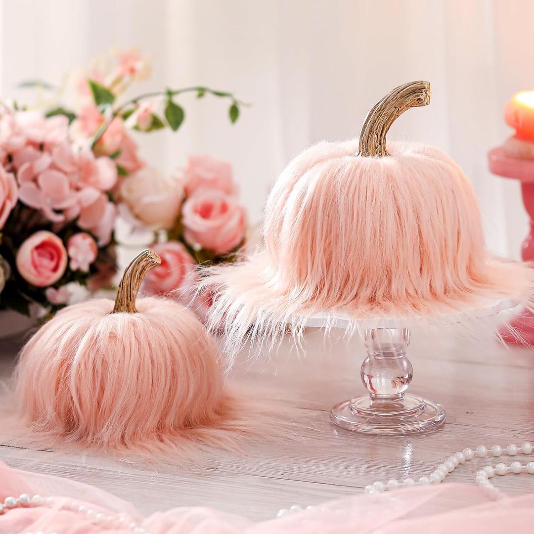 Vicenpal 2 Pcs Pink Fur Pumpkins Fall Pumpkin Decor Set Artificial Resin Pumpkin for Autumn Halloween Thanksgiving Tabletop Farmhouse Mantel Decoration