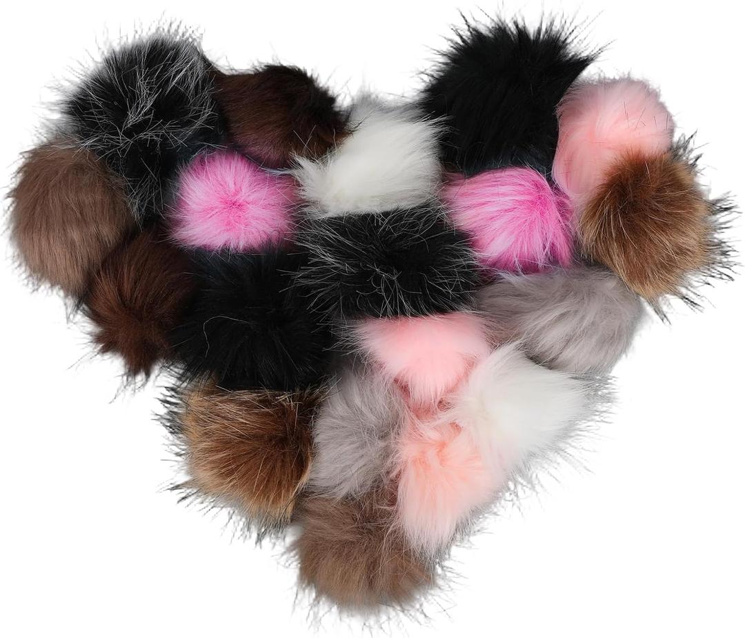 20pcs Faux Fur Pom Poms, Fluffy Imitation Fox Fur Pompom Balls with Elastic Loop for Knitting Hats Beanies Scarves Gloves Bags Keychains DIY Crafts Crochet Accessories