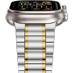 Anlinser Metal Bands Compatible with Apple Watch Band 49mm 46mm 45mm 44mm 42mm Women Men, Five-link Stainless Steel Strap for iWatch Ultra 3/2/1 SE Series 11 10 9 8 7 6-1 (Silver-Gold)