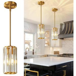 Gold Pendant Lighting Modern Pendant Light Mini Crystal Chandeliers Adjustable Pendant Light Fixture for Kitchen Island Dinning Room Corridor Bedroom(Gold 2-Pack), Round-2-Pack