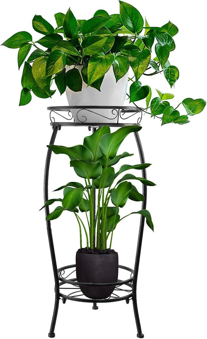 Tall Plant Stand Indoor Outdoor, 2Tier Metal Potted Flower Pot Stand, Heavy Duty Iron Planter Shelves Rack Anti-rust, 27" (Black)