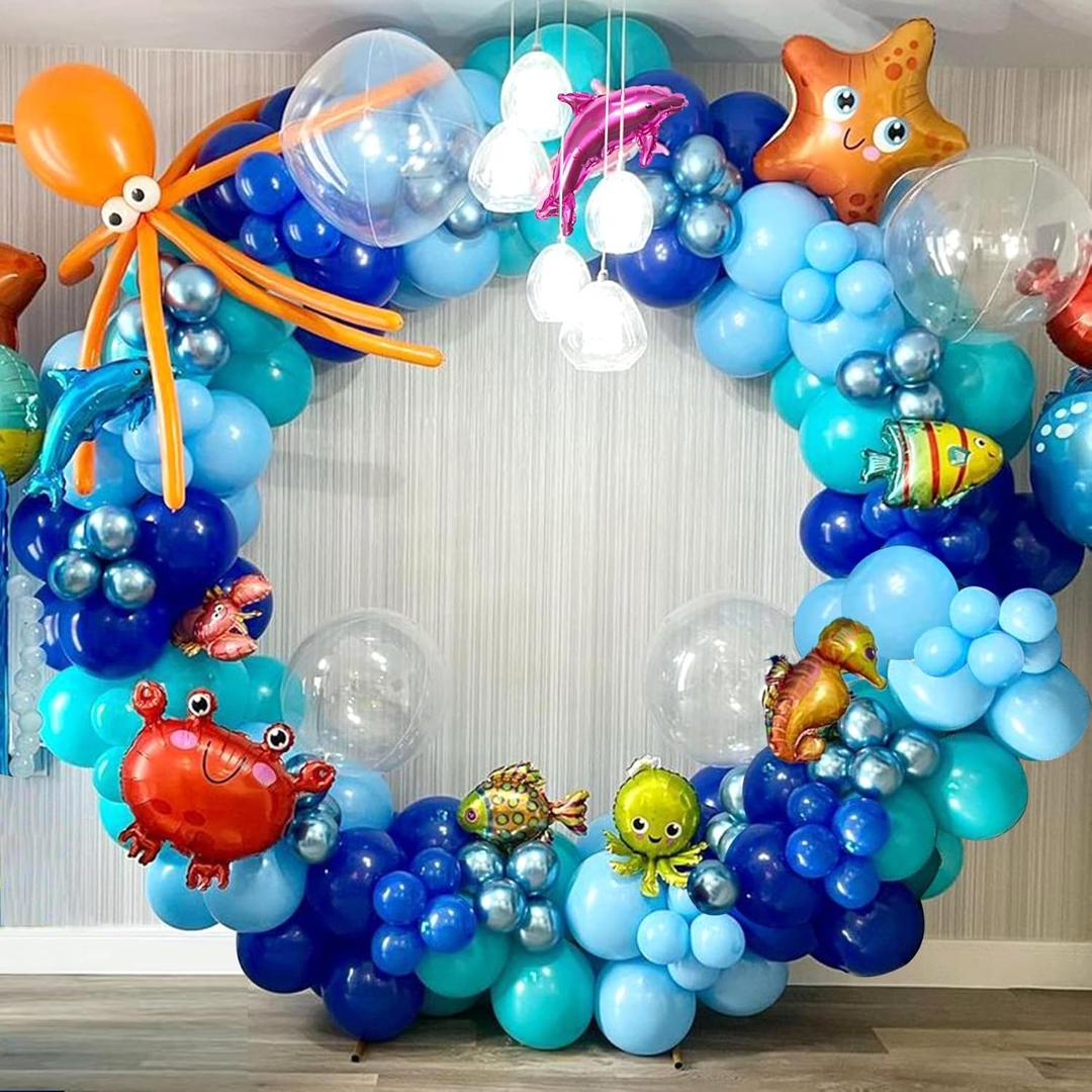 Ocean Themed Party Decorations 159pcs Blue Balloon Arch Garland Kit Bubble Balloons Marine Animals Fish Balloons for Nemo Dory Luca Birthday Under The Sea Decorations Shark Party