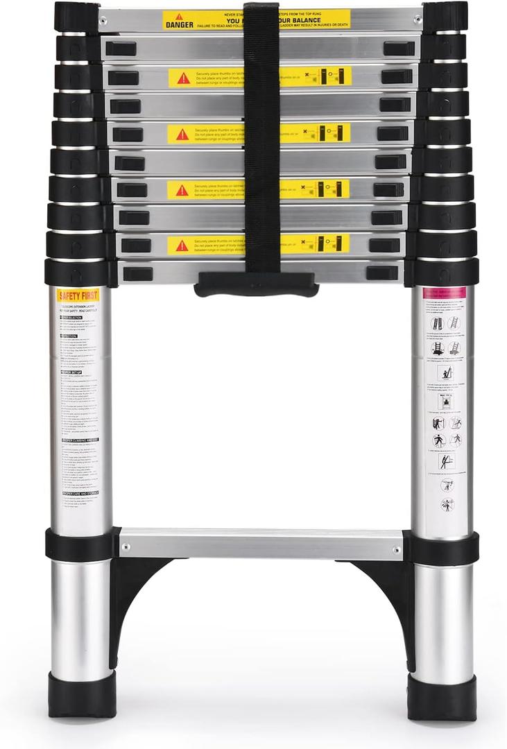 Telescoping Ladder, SocTone 10.5 FT Aluminum Lightweight Extension Ladder with 2 Triangle Stabilizers, Heavy Duty 330lbs Max Capacity, Multi-Purpose Collapsible Ladder for Household or Outdoor Work