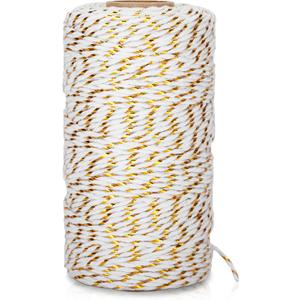 KINGLAKE Gold Twine String - 2mm Cotton Bakers Twine 328 Feet Gold White Metallic Christmas Holiday String for Gift Wrapping Crafts Baking Holiday Decoration