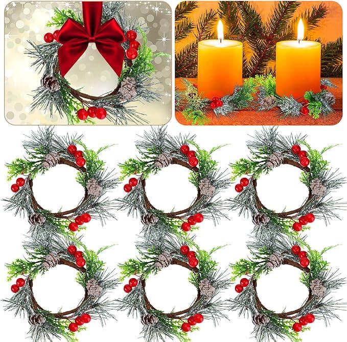 6 Pcs Christmas Candle Ring 4.7 Inch Mini Christmas Wreaths for Home Cabinets Artificial Berry Candle Rings with Pine Cones Small Wreaths for Home, Wedding, Christmas Holiday Table Decoration