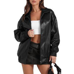 Sampeel Black Leather Jacket Women Cute Oversized Motorcycle Trendy Coats 2025 Fall Fashion Outfits Winter Clothes L