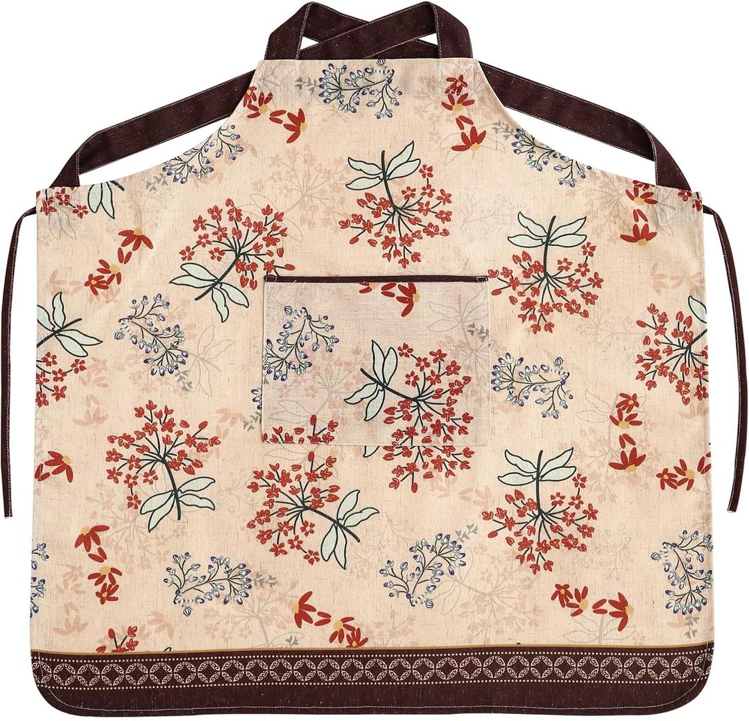patdrea Blue Floral Linen Apron with Pocket,French Kitchen Garden Chef BBQ Aprons for Women and Men,Crisscross Back Straps (S-(29.5")