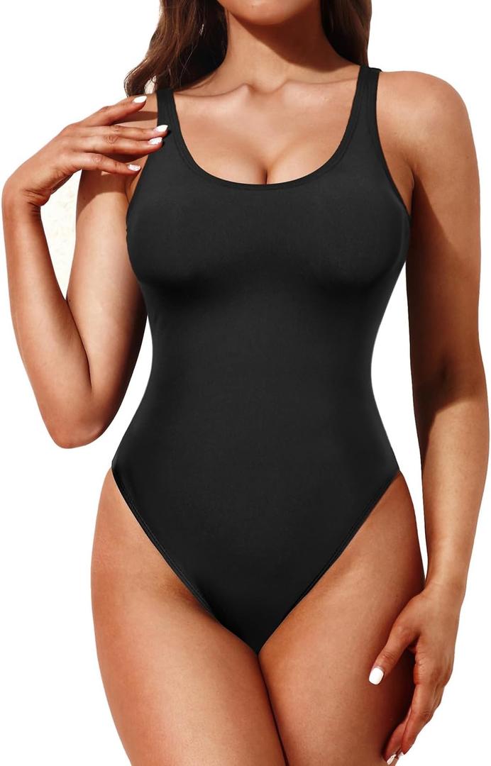 Tempt Me Women High Cut One Piece Swimsuit Low Back Scoop Neck Retro 80s Bathing Suit (X-Large, Black)