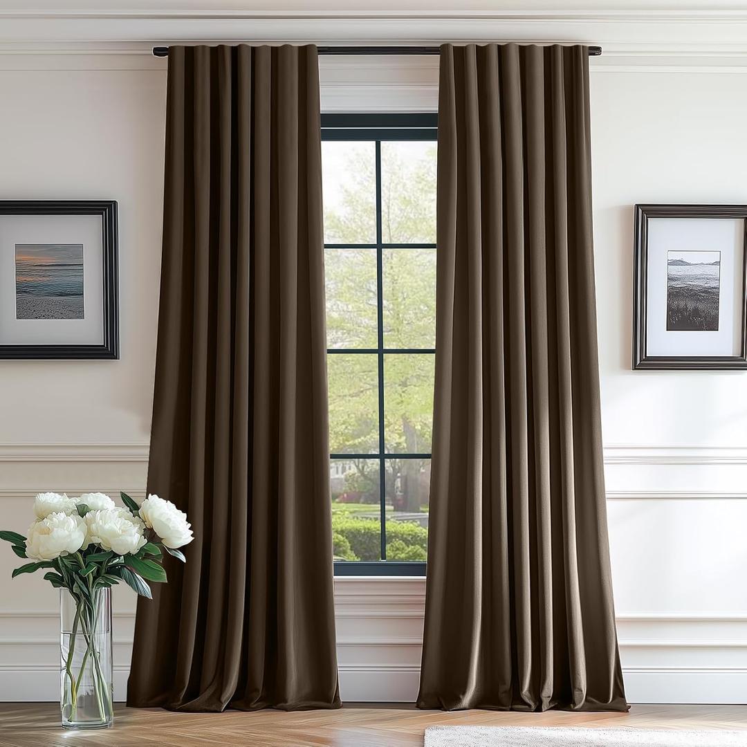 Lazzzy Dark Brown Velvet Curtains Room Darkening Thermal Insulated Curtains 108 Inch Long Window Drapes for Bedroom Living Room Super Soft Luxury Rod Pocket Window Treatment, 2 PanelsCoffee