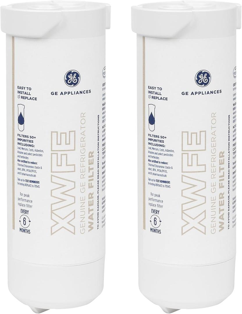 GE XWFE Refrigerator Water Filter, Genuine Replacement Filter, Certified to Reduce Lead, Microplastics, PFOA/PFOS, and 50+ Other Impurities, Compatible with GE Appliances Brands, Pack of 2