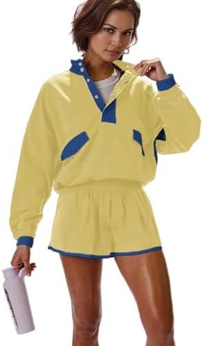 Seetaa Women's Two Piece Short Sets Summer Lounge Sweatsuits Long Sleeve Outfits Travel Tracksuit with Pocket Size, M, Yellow
