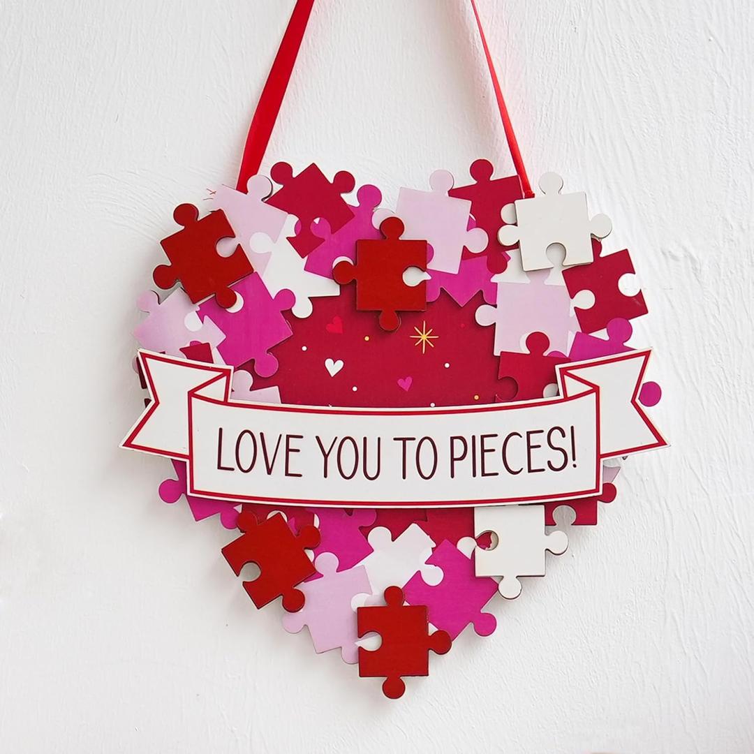 2 x Valentines Wreath for Front Door, Valentines Day Decorations, Love You to Pieces Door Sign, 3D Foldable Wooden Heart Decor, Romantic Wall Wreath Decoration for Wedding Anniversary (Red, White, Pink)