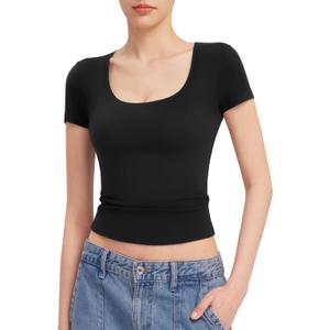 PUMIEY Women's T Shirts Short Sleeve Scoop Neck Basic Going Out Tops Fashion Slim Fit Tee Smoke Cloud Pro Collection (Medium)
