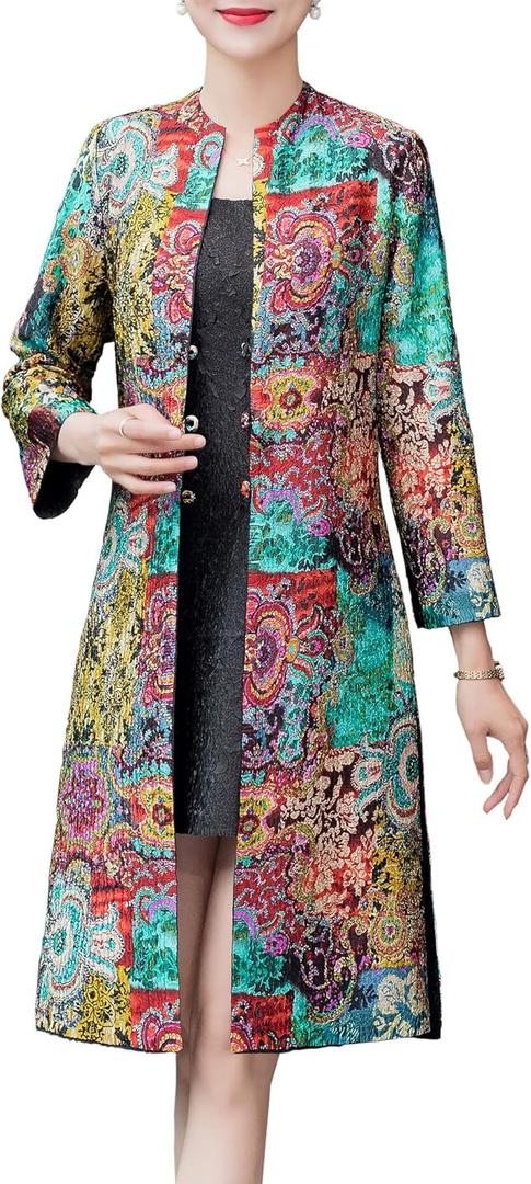 Women's Abstract Flowers Tri-button Crinkled Reversible Chinese Jacket (X-Large, Multicolor)