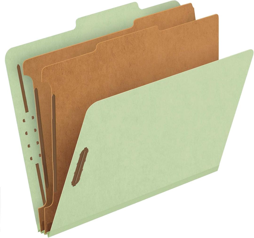 Pendaflex Recycled Classification File Folders, 2 Dividers, 2" Embedded Fasteners, 2/5 Tab Cut, Letter Size, Light Green, Box of 10 (24076R)