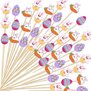 2 x 100 Pcs Easter Cocktail Picks, 4.7 Inch Rabbit Bunny Toothpicks for Appetizers, Natural Bamboo Cocktail Picks for Cake Dessert Food Fruit Easter Party Decoration