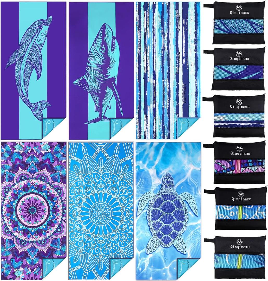 6 Pack Microfiber Oversized Lightweight Beach Towel 71x32 Extra Thin Large Sand Free Towels Travel Swim Pool Yoga Gym for Adults Women Men Beach Essentials Accessories Vacation Gift