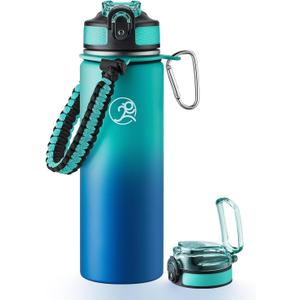 GOSWAG Insulated Sports Water Bottle, 24oz 2 Lids(with Straw/No Straw), Stainless Steel Water Bottles with Paracord Handle, Insulated Bottle with Double-Wall Vacuum Insulation (Green-Blue Ombr)