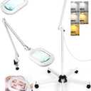 10X Magnifying Glass with Light and Stand, Large Rectangle Optical Glass Lens Floor lamp with 5 Wheels Rolling Base, 5 Color Modes LED Lighted Hands Free Magnifier for Reading Esthetician Facial Craft