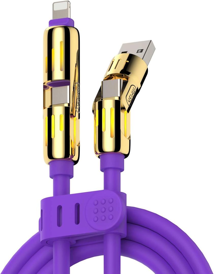 MFish 4-in-1 Universal USB Charging Cable with Carrying Case  240W Max Fast Charger Cord, USB-A, Dual USB-C & Lighting, for iPhone 14/15/16/17 Series, iPad & MacBook and More (Purple Color, 6.6Ft)