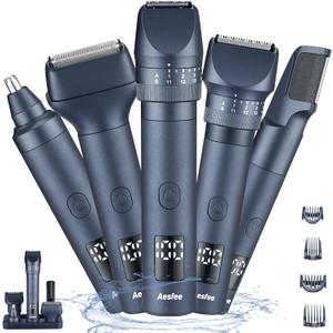 Beard Trimmers Kit for Men Precise Dial Adjustable 20 Lengths, 5-in-1 Electric Shavers and Hair Clippers Set - Body Nose Ear Mustache Hair Trimmers Razors Waterproof Wet/Dry - USB-C Charging Dock (Blue)