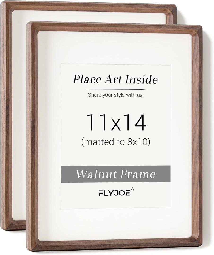 11x14 Picture Frame Set of 2, USA-Sourced Walnut Wood Photo Frame with Tempered Glass, Handcrafted Rounded Corner 11 x 14 Wooden Frame Matted to 8x10 Photos, Wall or Tabletop Display (11x14, 2P, USA-Sourced Walnut Wood)