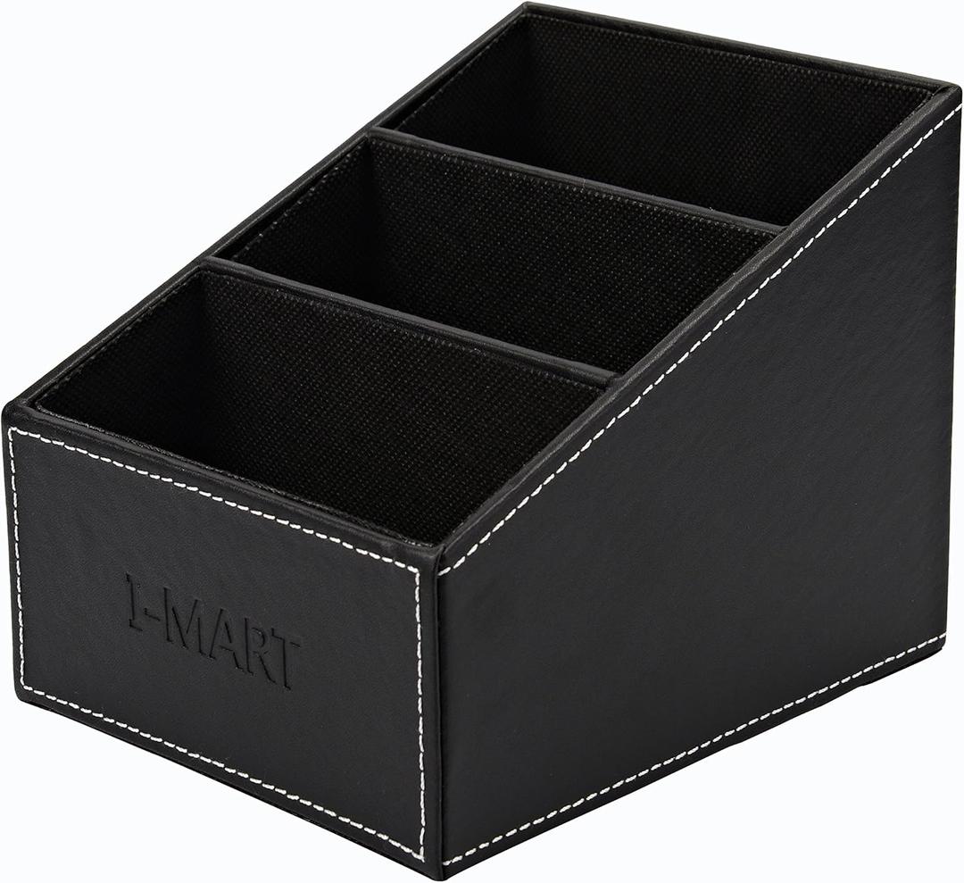 I-MART PU Leather Remote Control Holder Organizer with 3 Compartments, Stylish TV Remote Holder Caddy for Desk Nightstand Coffee Table and Media Accessory Storage (Black)