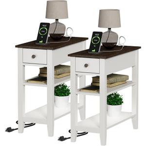 ChooChoo Farmhouse end Table Living Room Set of 2, Sofa Side Table Living Room with Charging Station,Narrow Night Stand with USB Ports & Power Outlets and Hidden Drawer