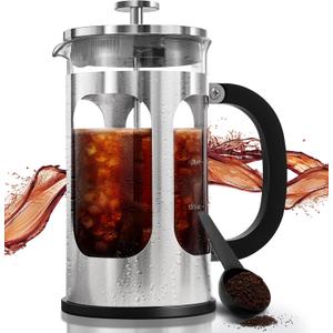 BAYKA 34oz French Press Cold Brew Coffee Maker, Heat and Cold Resistant Thickened Borosilicate Glass Stainless Steel Coffee Press, Iced Coffee Pot Tea Pitcher for Kitchen Travel Camping,1 Liter,Silver