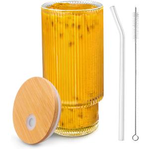 Tinaforld Glass Cups with Lids and Straws, 16 oz Glass Tumbler, Iced Coffee Cups with Lids, Ideal for Cocktail, Whiskey