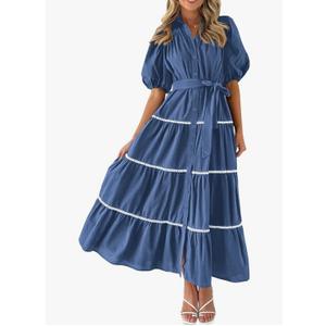 PRETTYGARDEN Women's Summer Button Down Shirt Dress Short Puffy Sleeve Tiered Ruffle Flowy Long Maxi Dresses, M Dark Blue