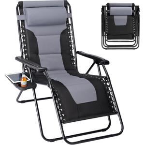 Sweetcrispy Zero Gravity Chairs, Foldable Patio Reclining Chairs with Adjustable Pillow & Cup Holder, Oversized Portable Support 400 lbs, for Backyard Camping(Black-Gray)