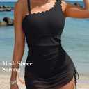 Charmo One Shoulder One Piece Swim Dress Ribbed Scalloped Swimsuit Women Mesh Sheer Wraps Slimming Bathing Suit Swimwear (Black, M)