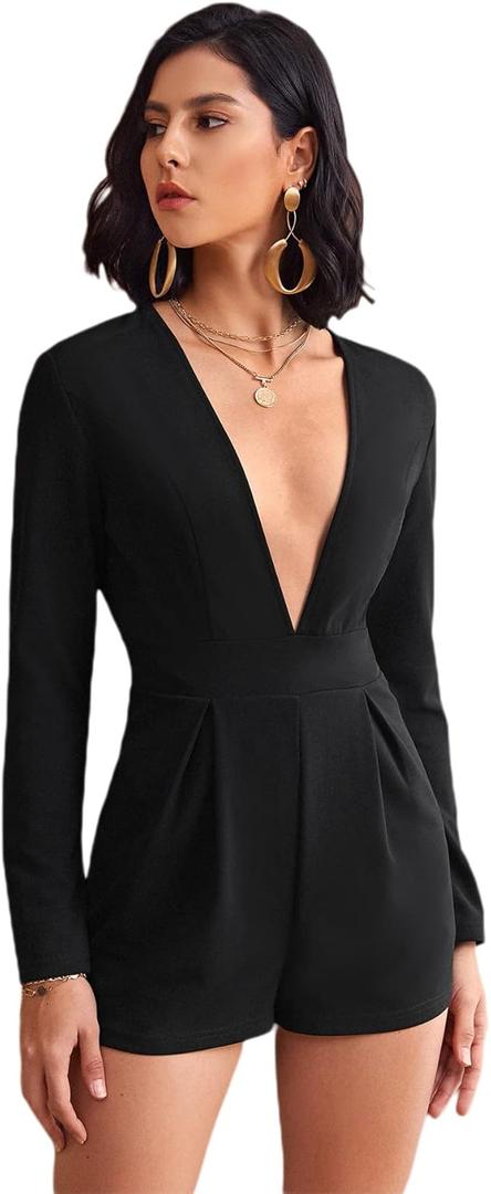 WDIRARA Women's Deep V Neck Long Sleeve High Waist Pleated Romper Jumpsuit (X-Large, Black)