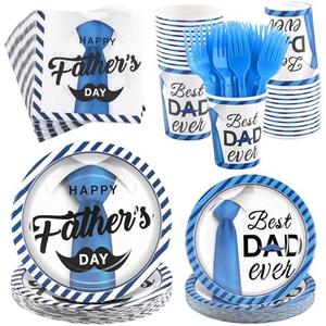 Kochorie 144 Pieces Father's Day Party Tableware Sets Including Disposable Plates Napkins Cups Forks Serves 24 for Father's Day Decorations Dad Grandpa Celebration Happy Father's Day Party Supplies