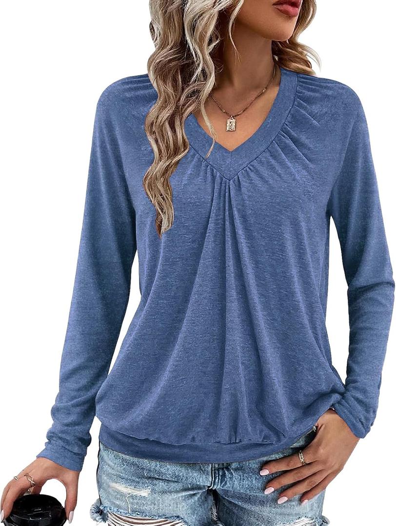 Long Sleeve Shirts for Women V Neck Casual Tops Women Long Sleeve Tops Basic T Shirts Outfits Womens Clothes 2025 (L)