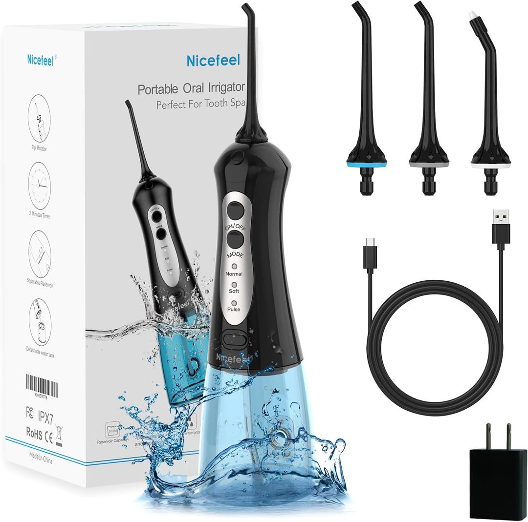 Cordless Water Flosser Teeth Cleaner, Nicefeel 300ML Portable and Rechargeable Oral Irrigator for Travel, IPX7 Waterproof, 3-Mode Water Flossing with 4 Jet Tips for Family (Blue Black)