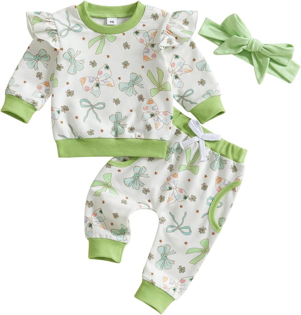 Toddler Baby Girl St Patricks Day Clothes Bow Clover Print Crewneck Sweatshirt Tops Sweatpants Set 2 Piece Outfit (Green)