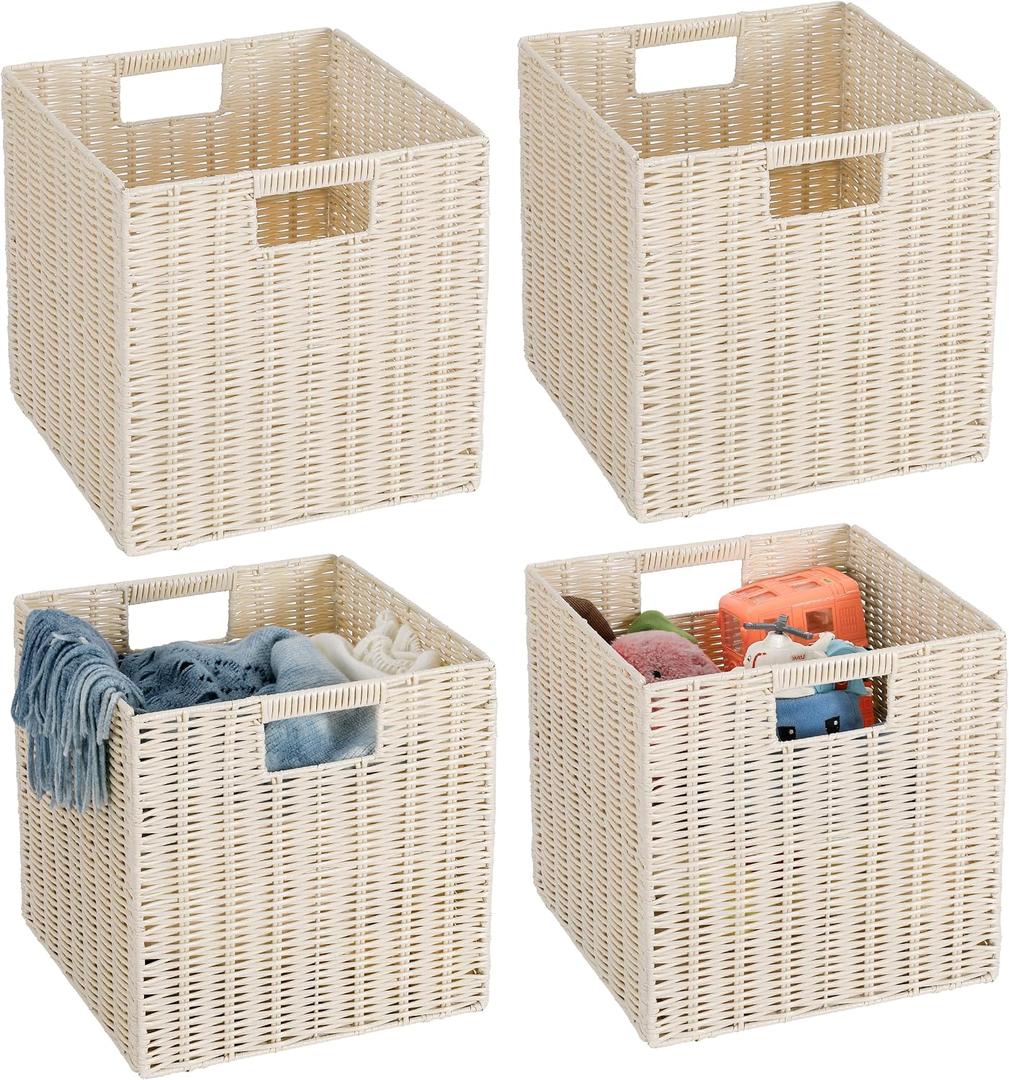 TAIMEI&G02 12x12x12inch Plastic Wicker Cube Baskets Large Square Foldable Handwoven Laundry Organizer Set of 4, lvory