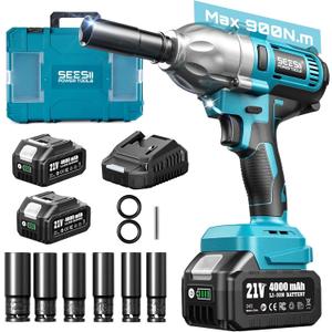 Seesii Impact Wrench 665 FT-LBS(900N.m) 3300IPM 1/2 Impact Gun High Torque Electric Cordless Impact Wrench with 21V 2x4.0Ah Battery 6 Sockets and Case for Home Car Truck Tire Lug Nut Removal Tool Set