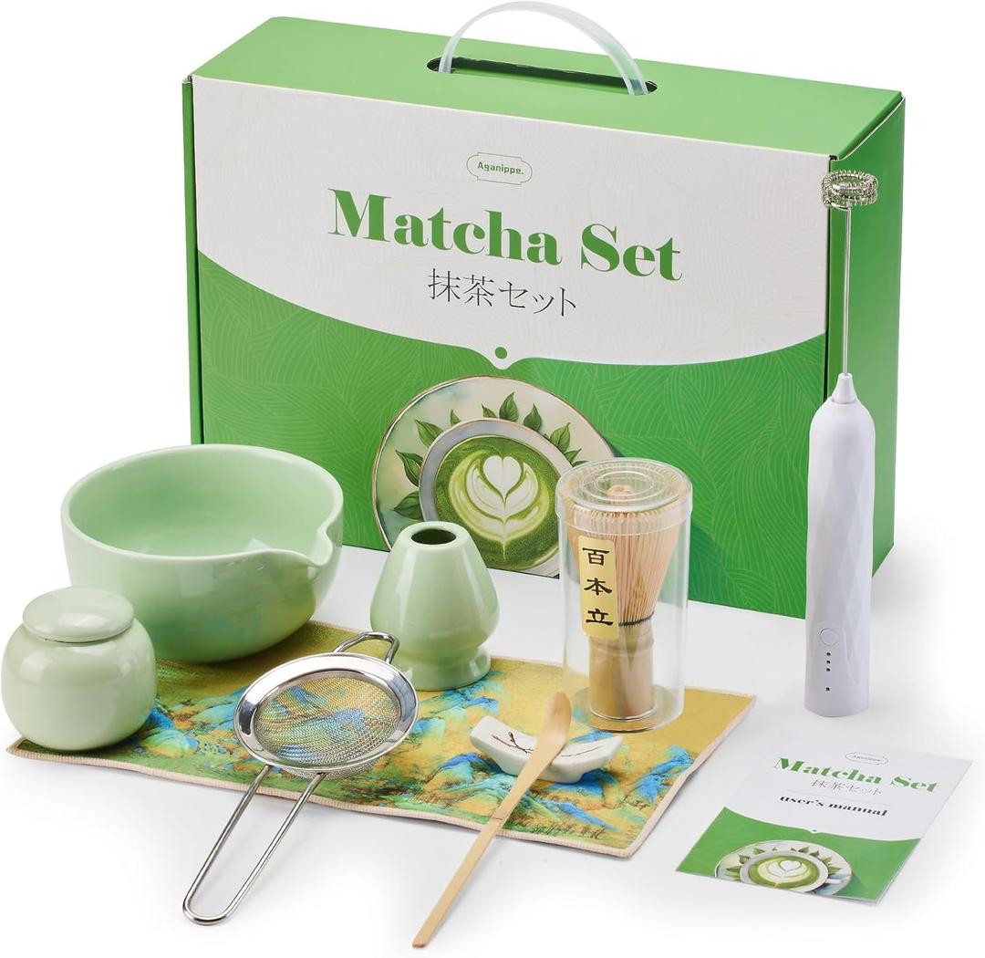 Matcha Whisk Set,9 Pcs Japanese Matcha Set Pink, Matcha Kit with Sifter, Matcha Tea Cloth, Matcha Powder Canister, Electric Rechargeable Frother(Green) (Round)