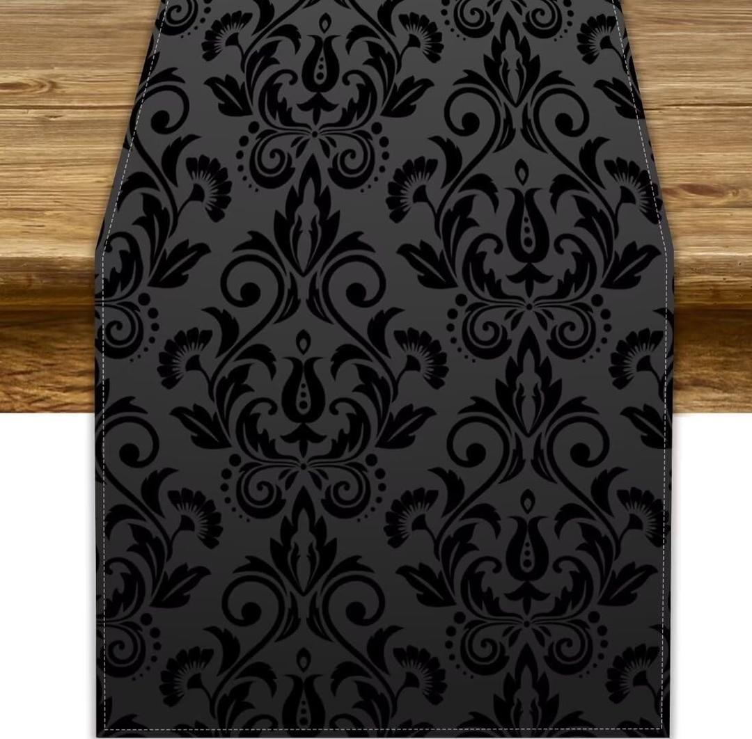 Black Damask Table Runner, Antique Victorian Style Gothic Vintage Black Floral Bohemian Exotic Table Runner for Home Kitchen Dining Table Party Holiday Decor, 13x70inch